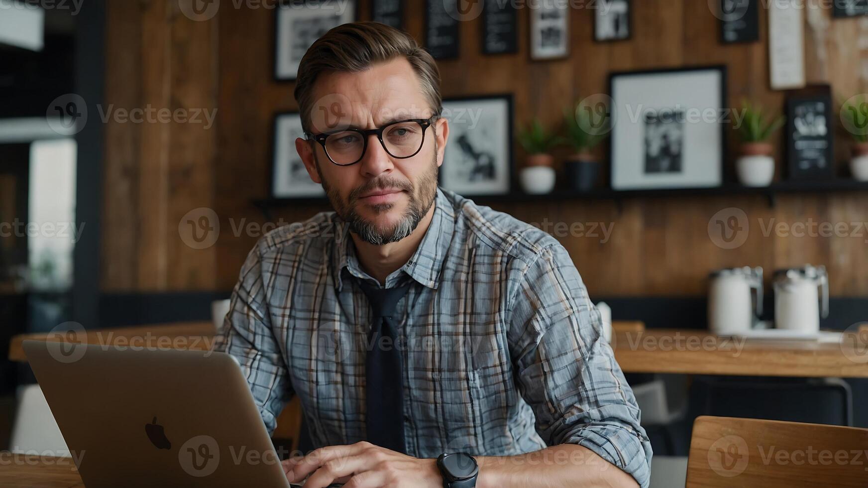A man in glasses sits at a table with a laptop photo