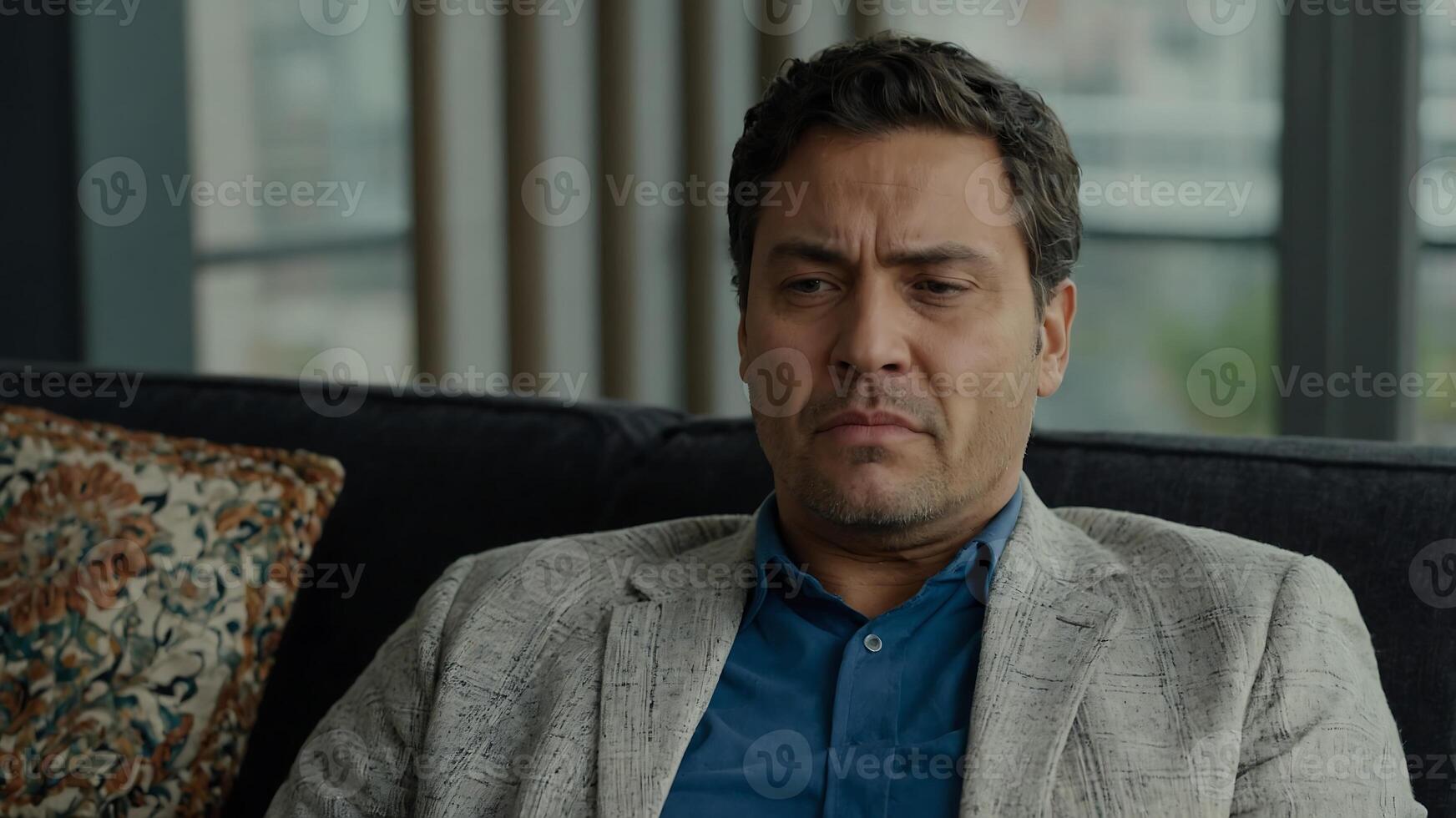 A man in a suit sitting on a couch photo
