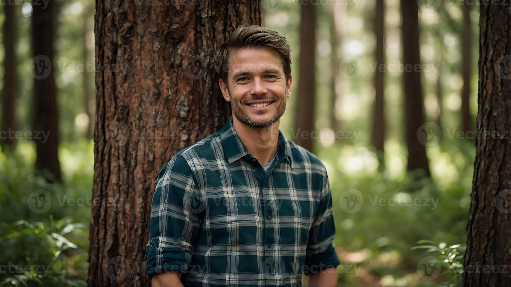 A man in a plaid shirt standing next to a tree photo