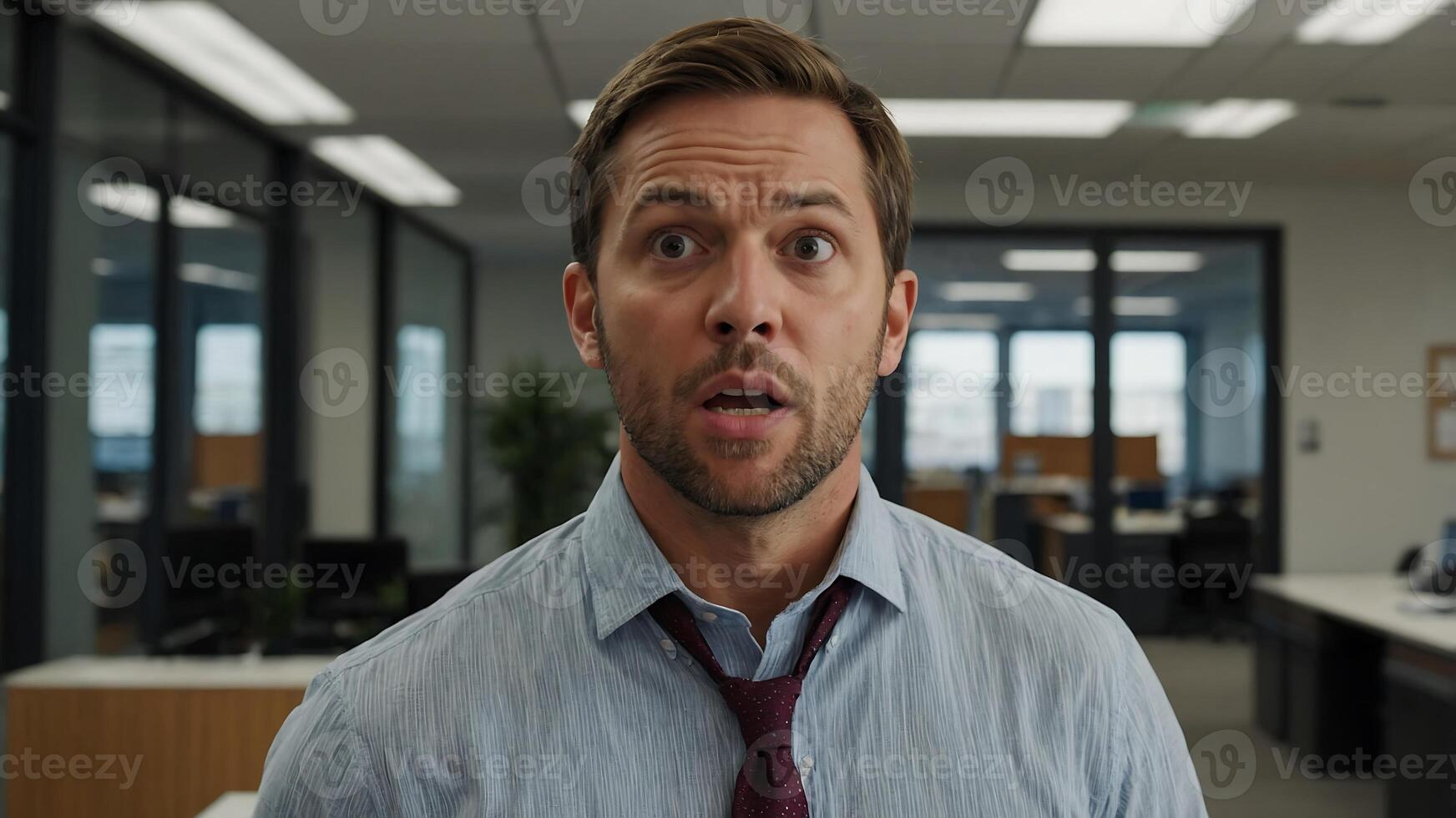A man in an office with a surprised look on his face photo
