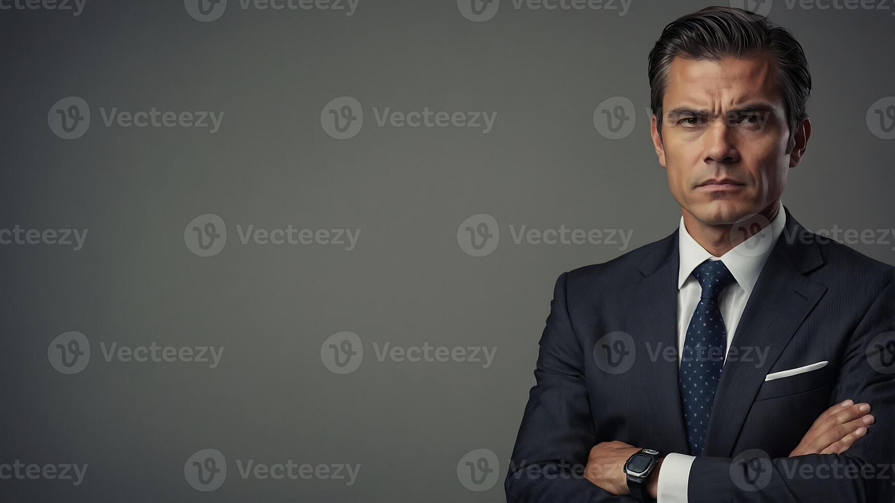 A man in a suit and tie standing with his arms crossed photo