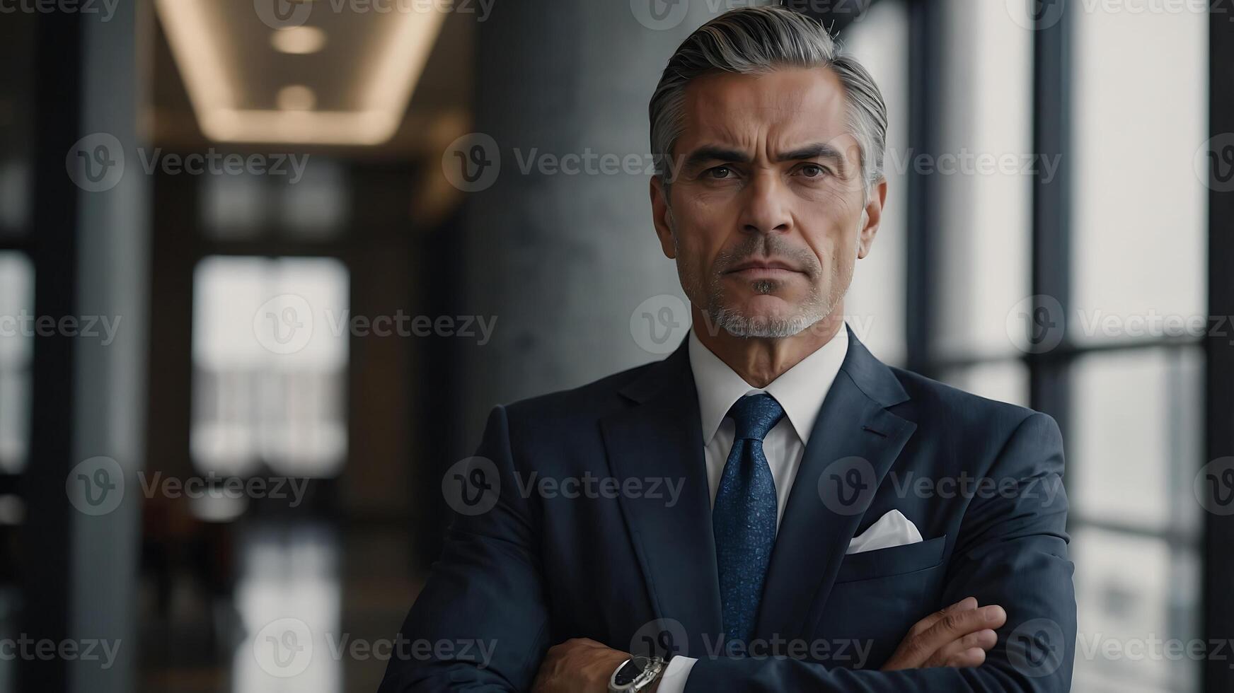 A man in a suit and tie standing in an office photo