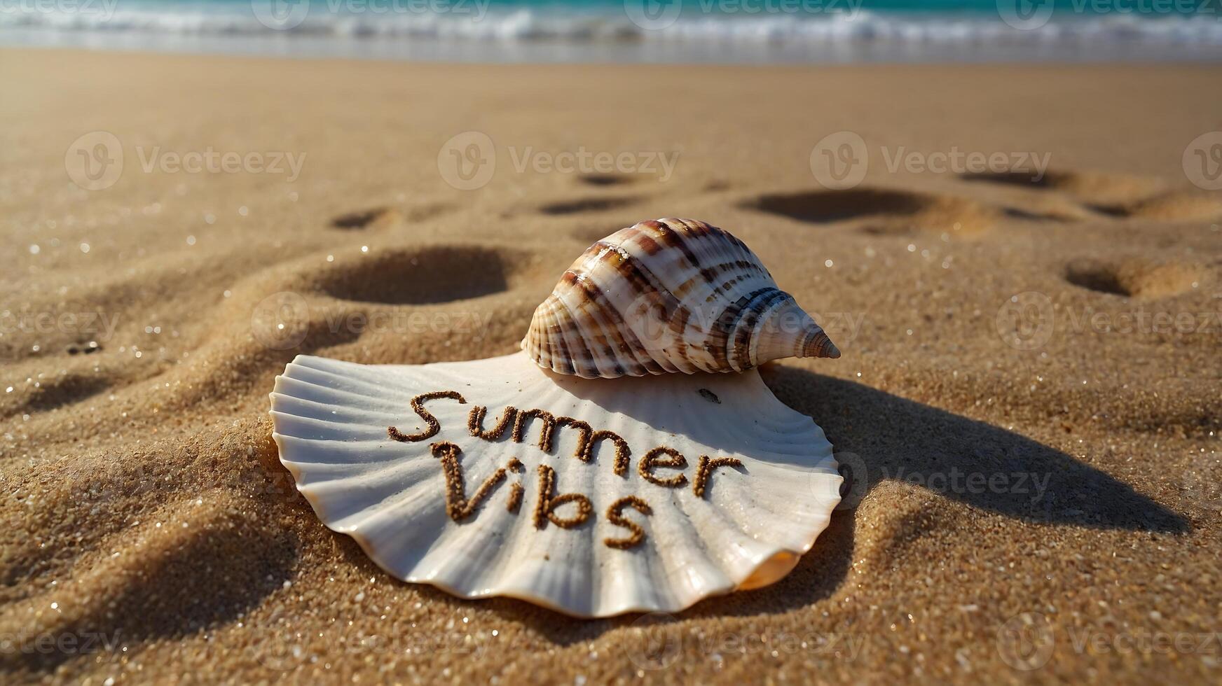 Summer vibes on the beach with a seashell and the word summer vibes photo