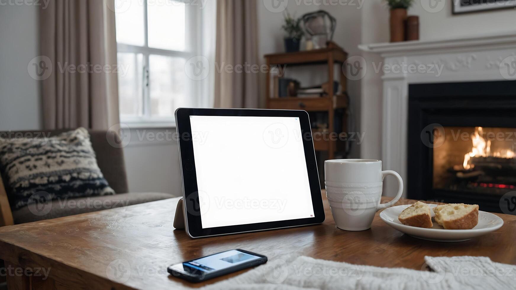 Tablet with blank screen on a wooden table in a living room photo