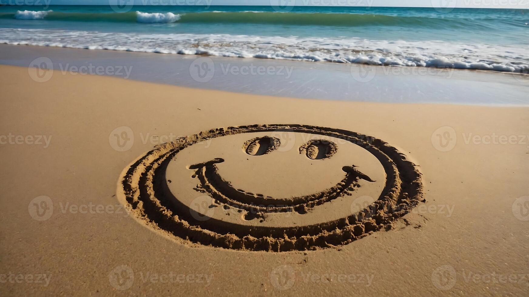 Happy face drawn in the sand on the beach photo