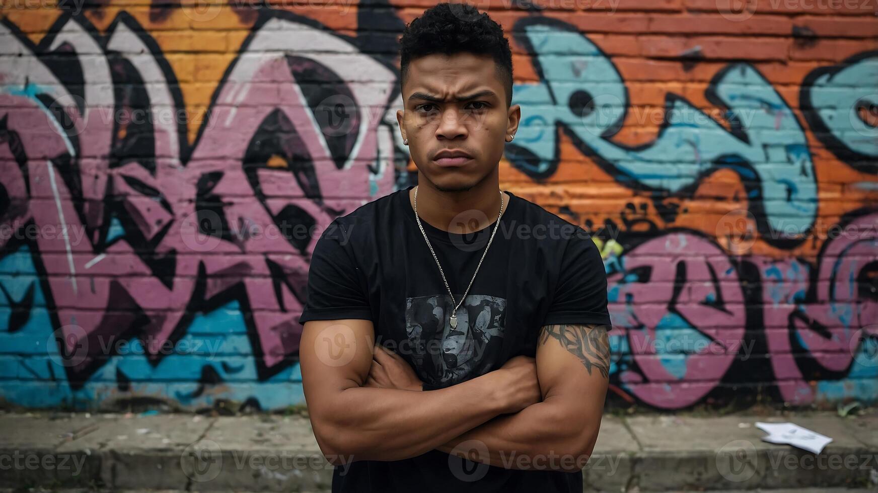 A young man with his arms crossed standing in front of a graffiti wall photo