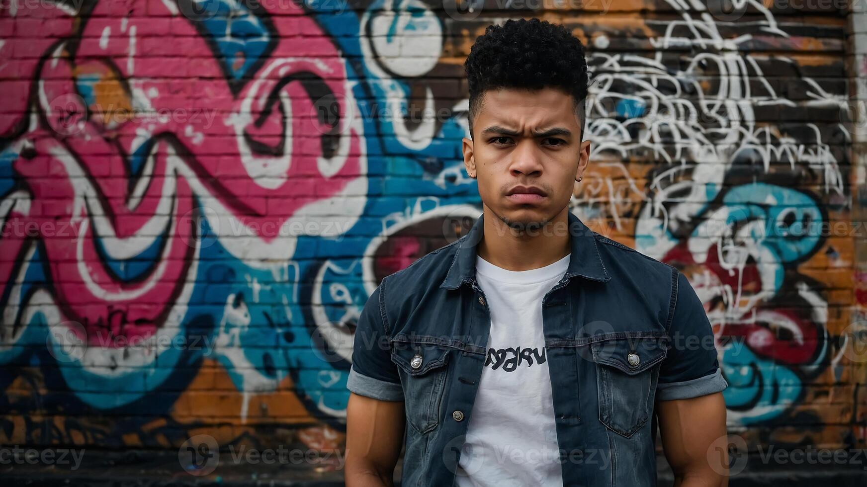 A young man standing in front of a graffiti wall photo