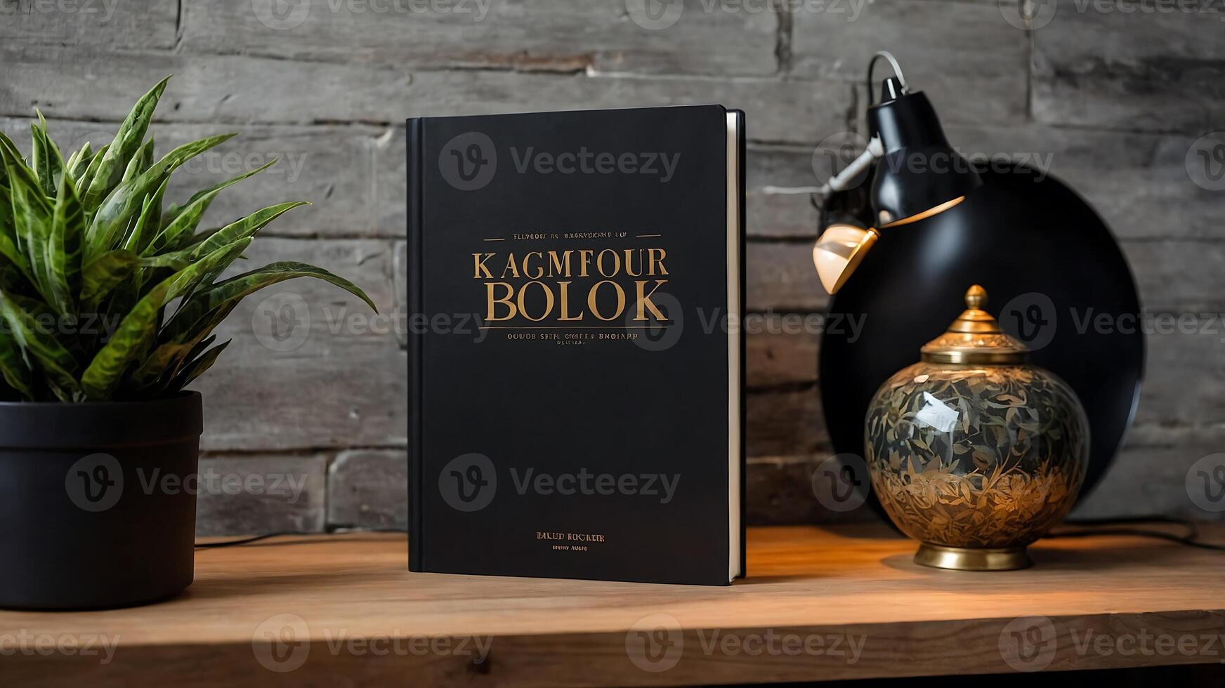 The book is on a wooden table with a lamp and a plant photo