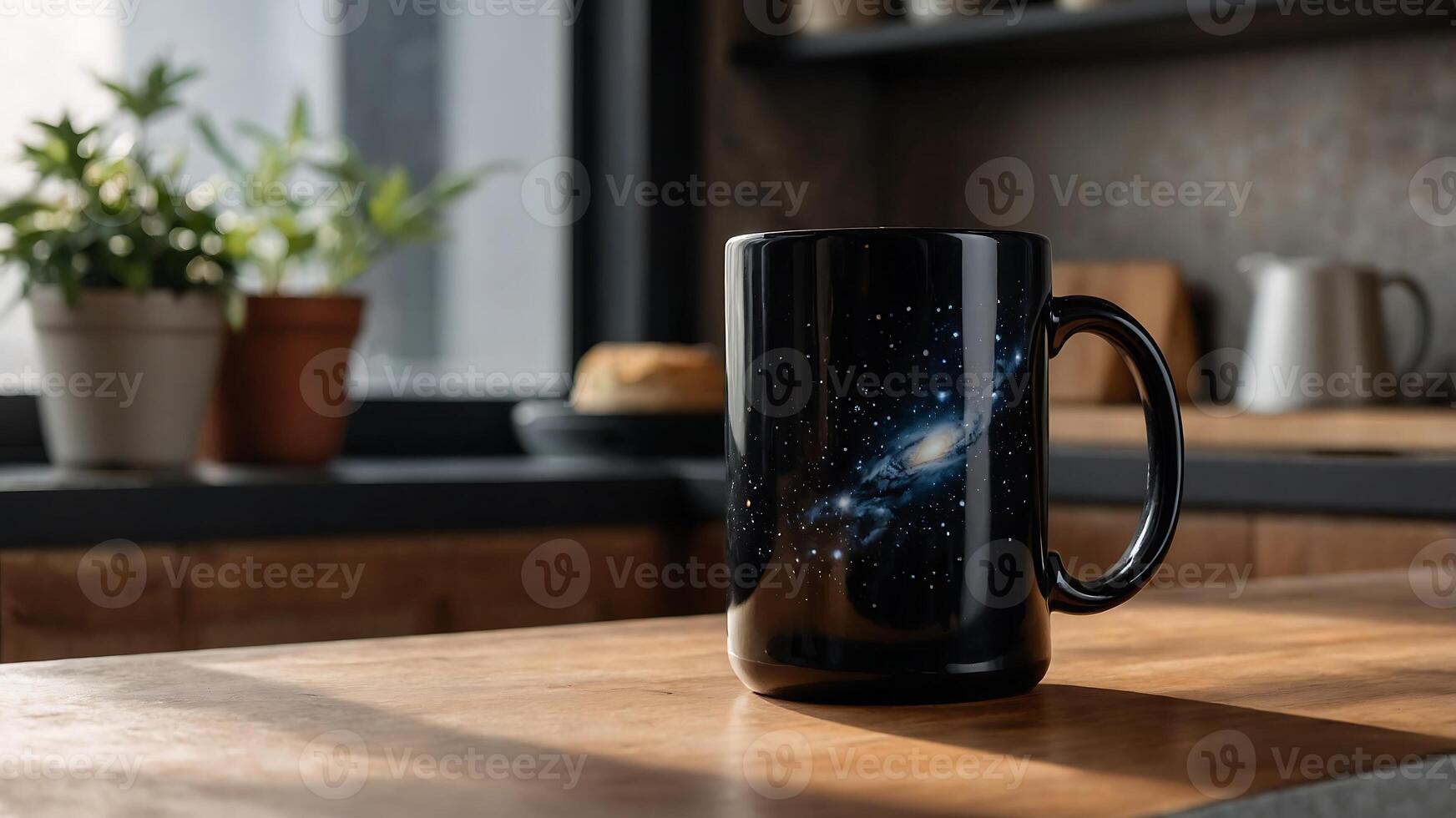 A black coffee mug with a galaxy design on it photo