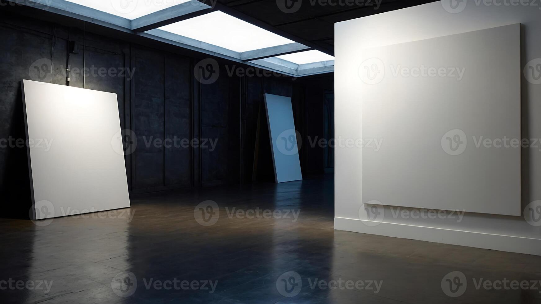 White blank canvas in a dark room with a skylight photo