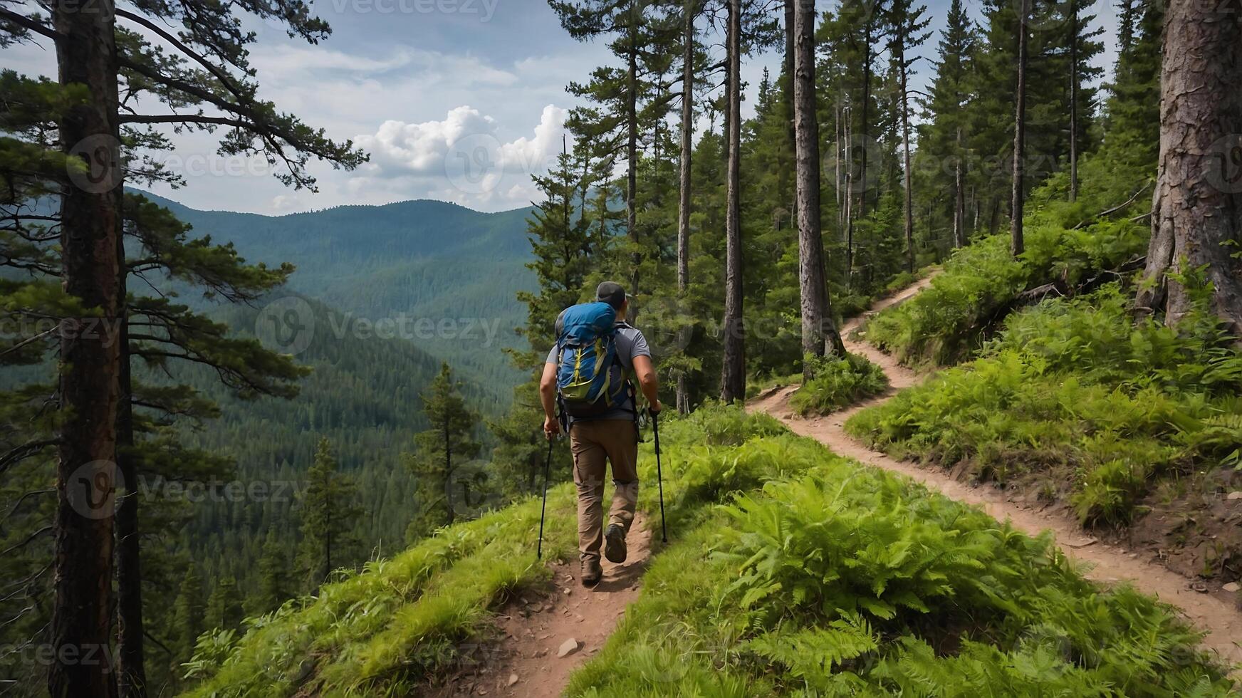 A man with a backpack hiking on a trail in the mountains photo