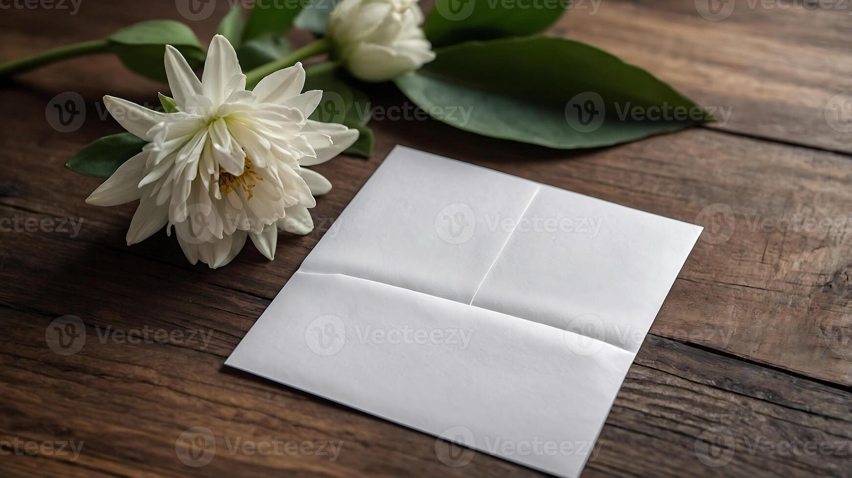 White envelope with white flowers on wooden table photo