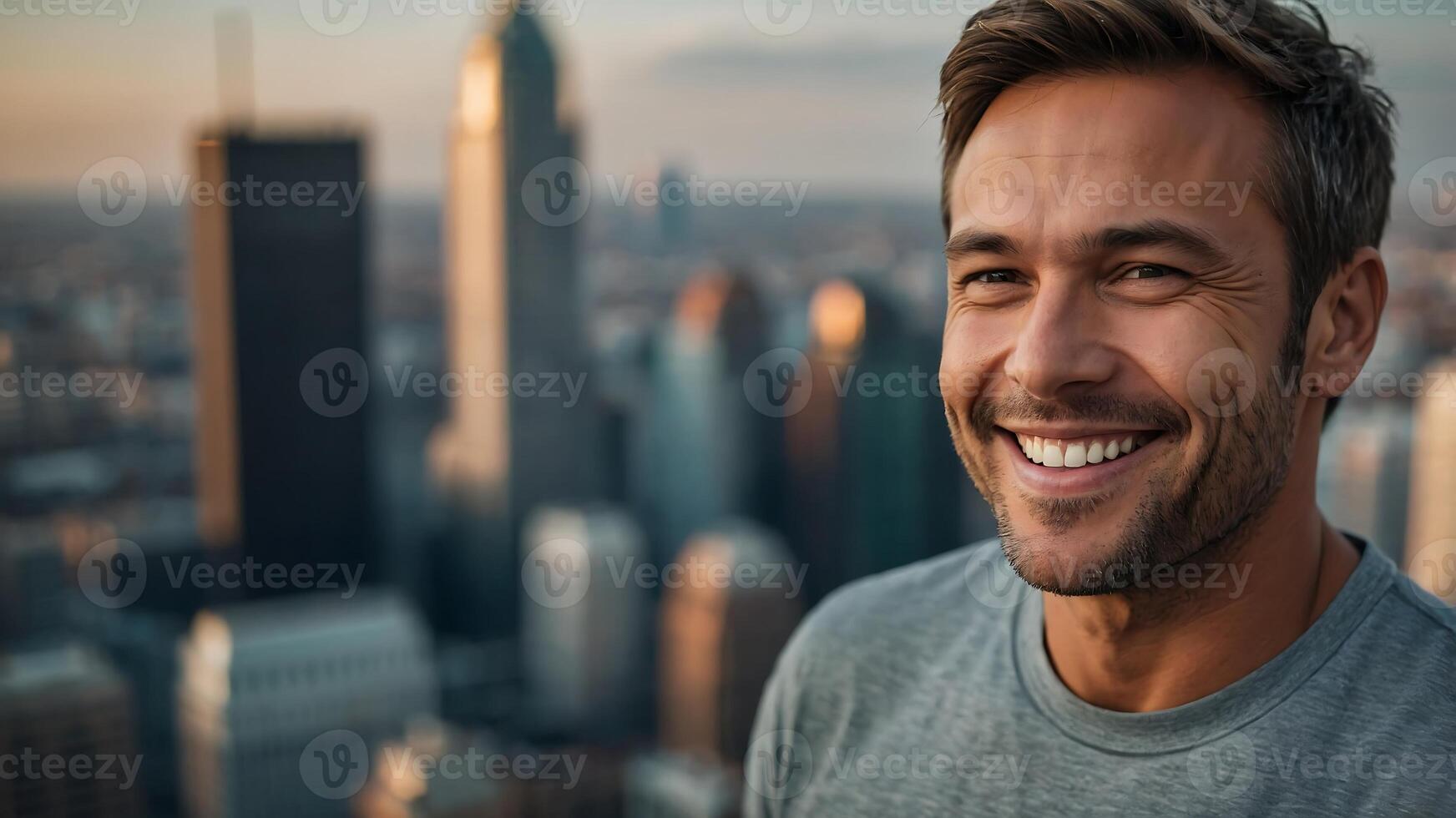 A man smiles in front of a city skyline photo