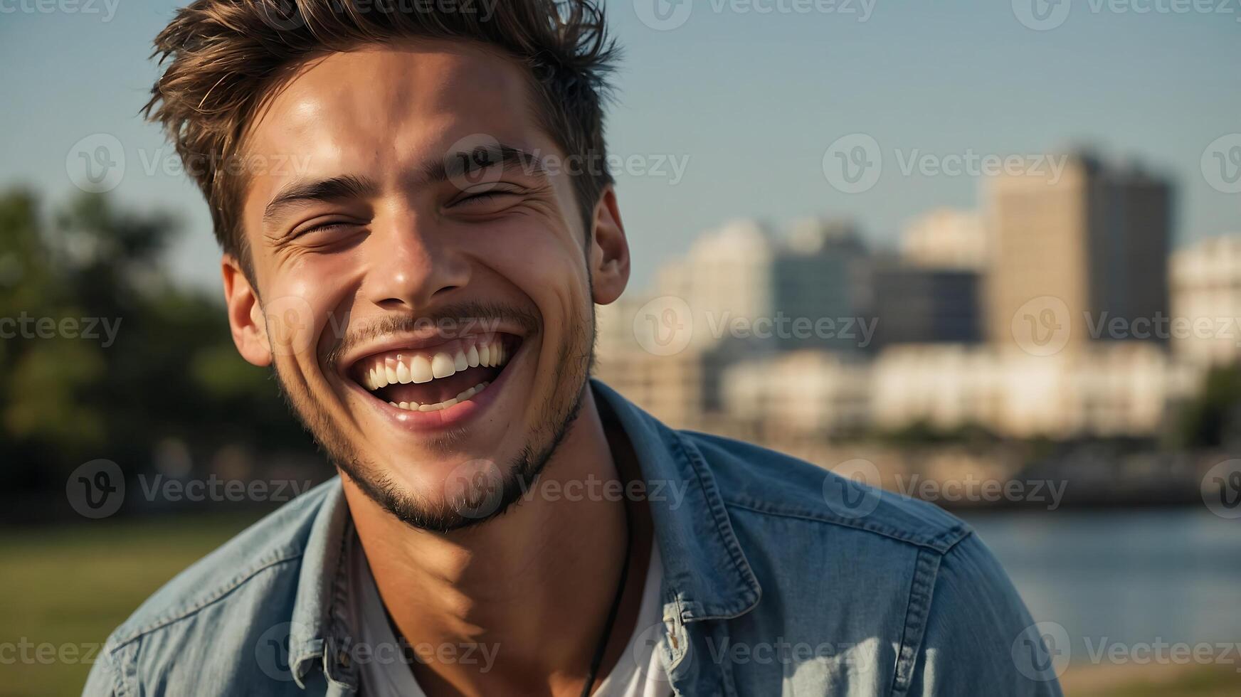 A man is smiling and laughing in front of a city photo