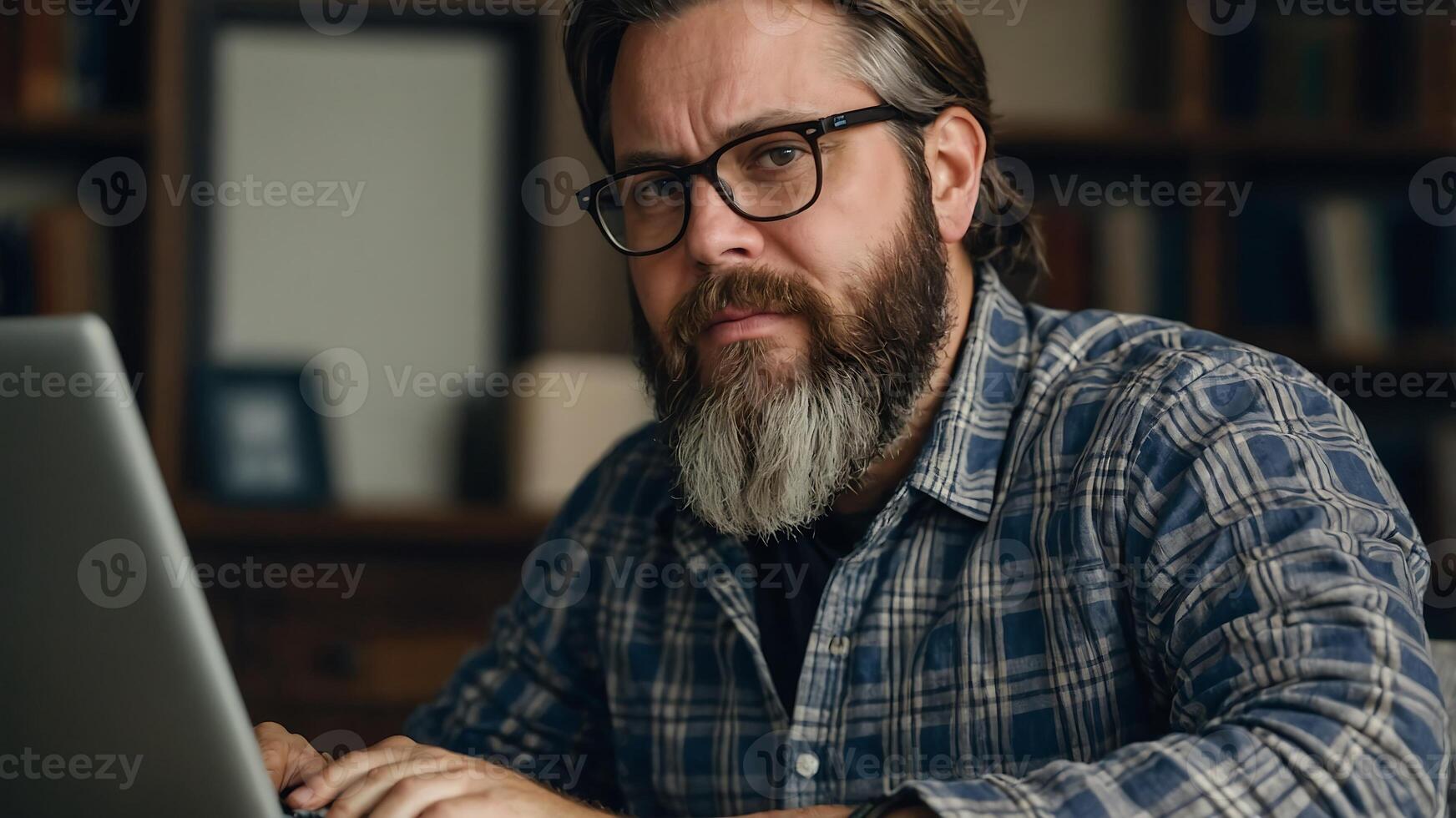 A man with a beard and glasses is working on his laptop photo