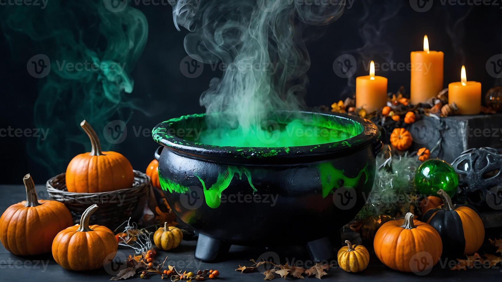 Halloween witches cauldron with pumpkins and candles photo