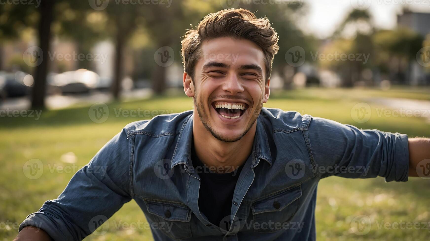 A man is laughing in the grass photo