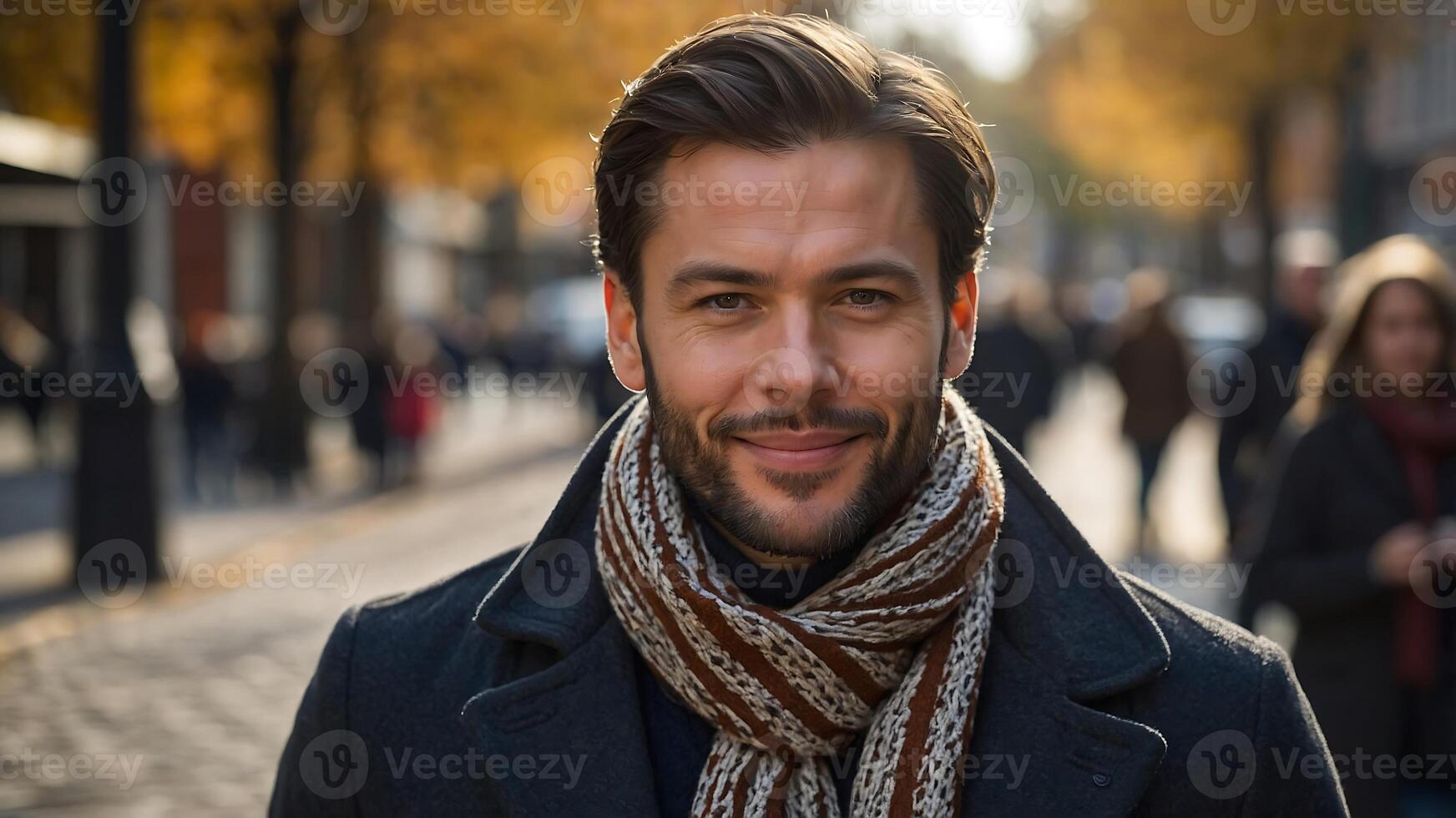 A man with a beard and scarf is standing on a street photo