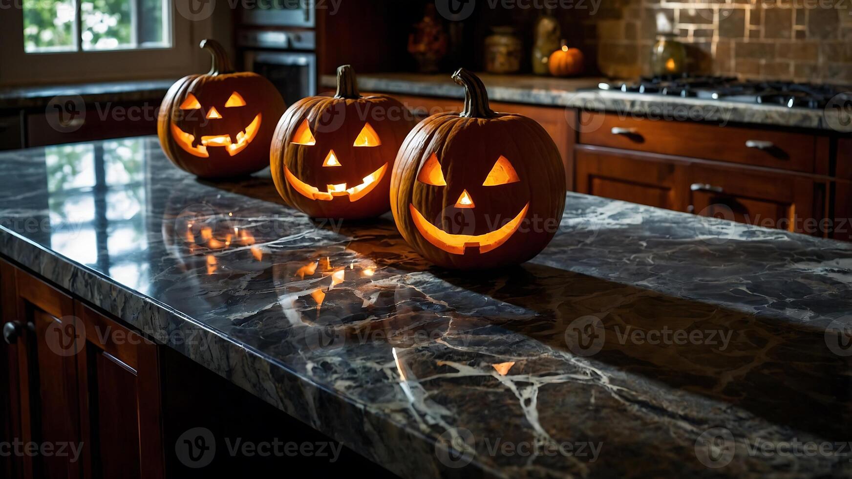 Three carved jack o lanterns on a kitchen counter photo