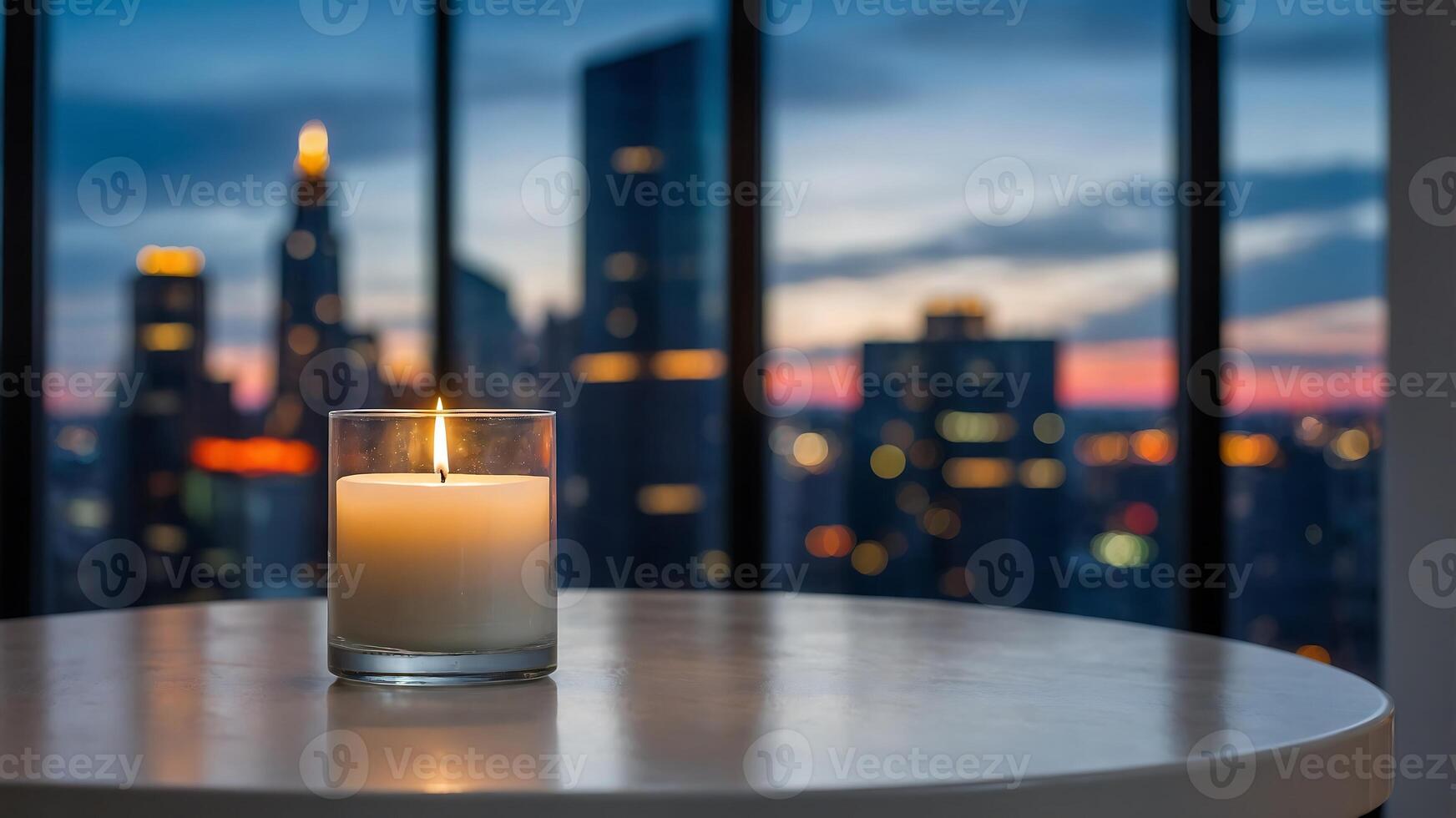 A candle sits on a table in front of a cityscape photo
