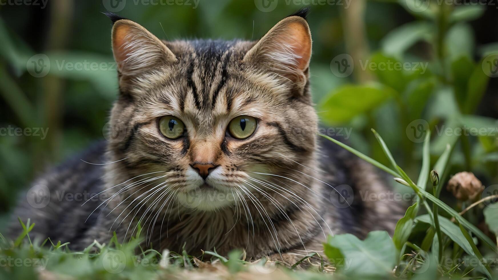 A cat is sitting in the grass looking at the camera photo