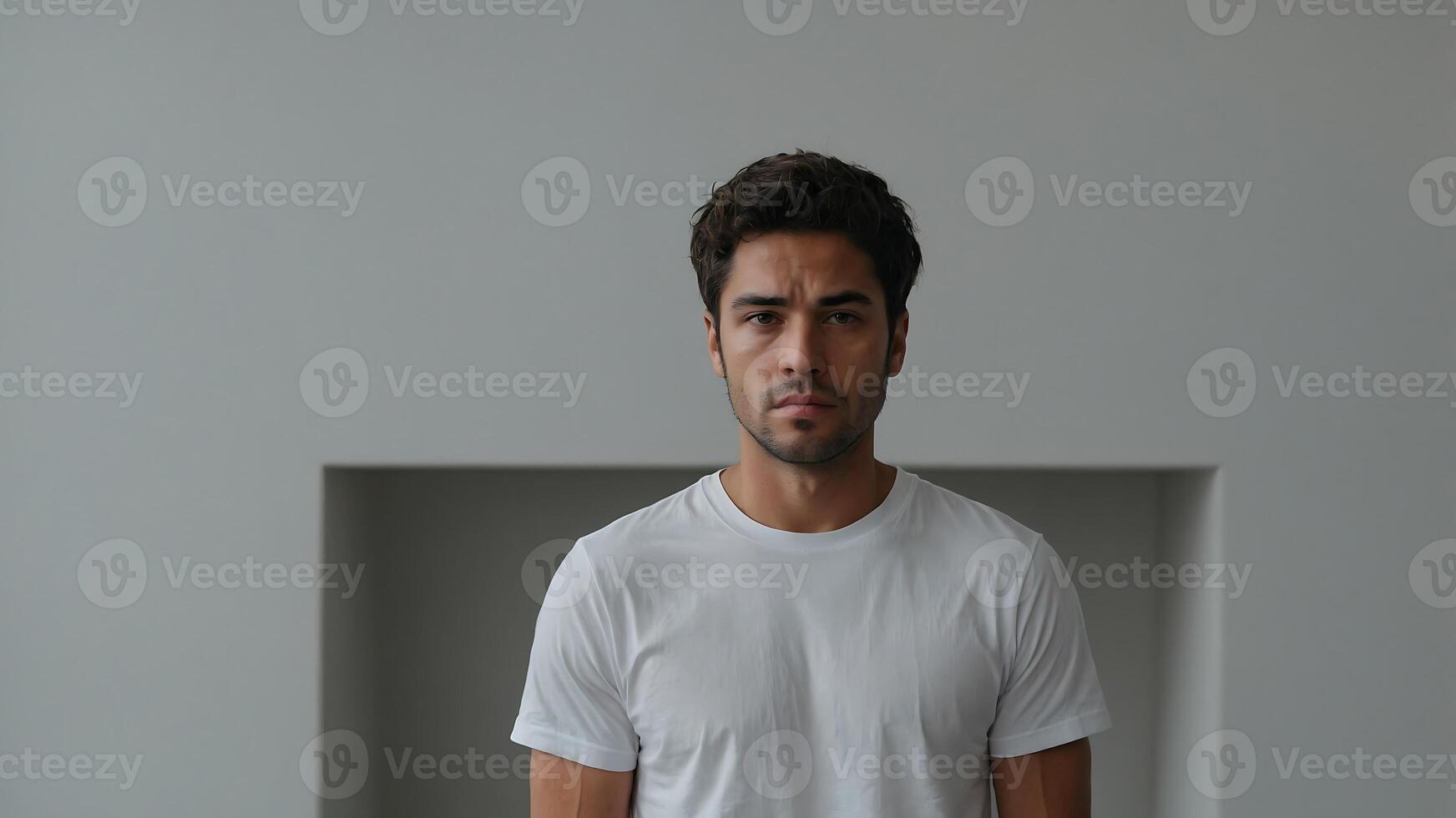 A man in a white t - shirt standing in front of a white wall photo