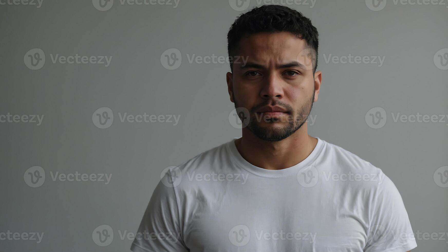 A man in a white t - shirt standing in front of a gray background photo