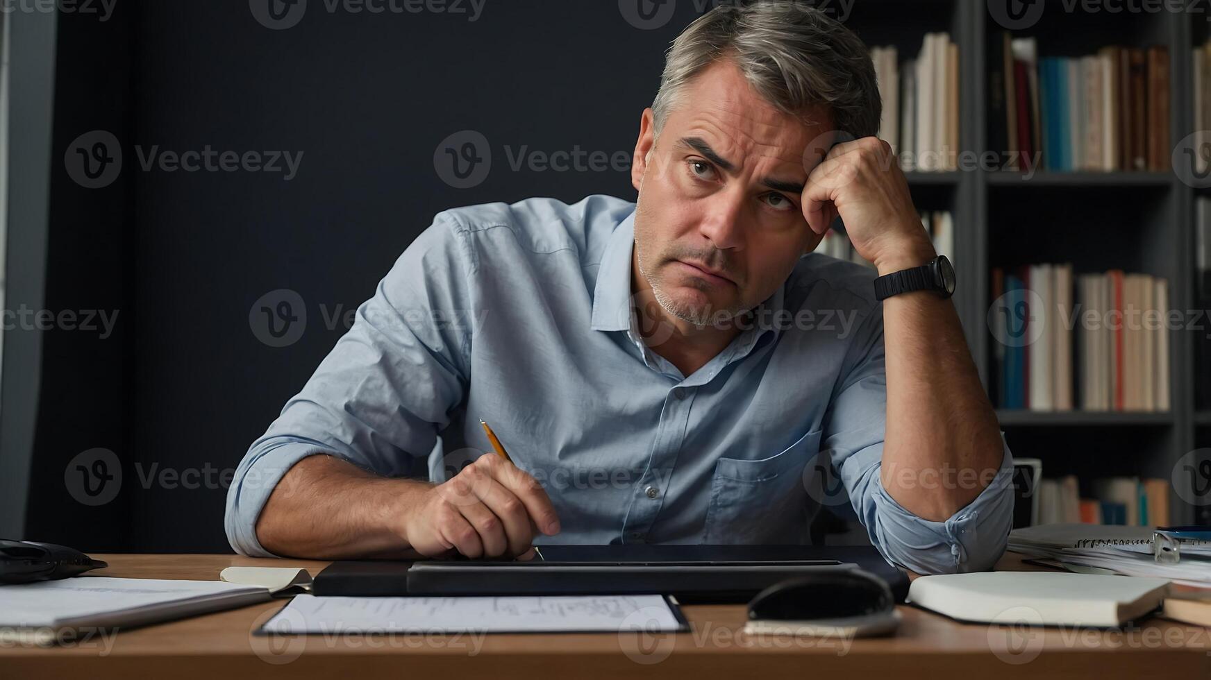 A man sitting at a desk with a pen and paper photo