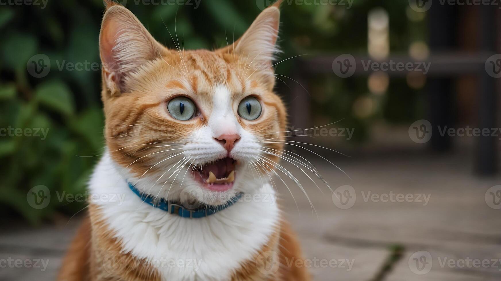 An orange and white cat with its mouth open photo