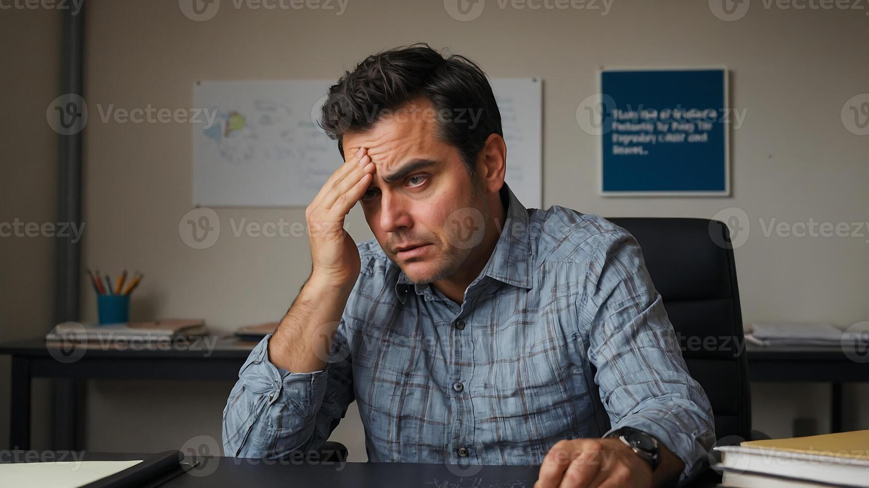 A man sitting at a desk with his hands on his head photo