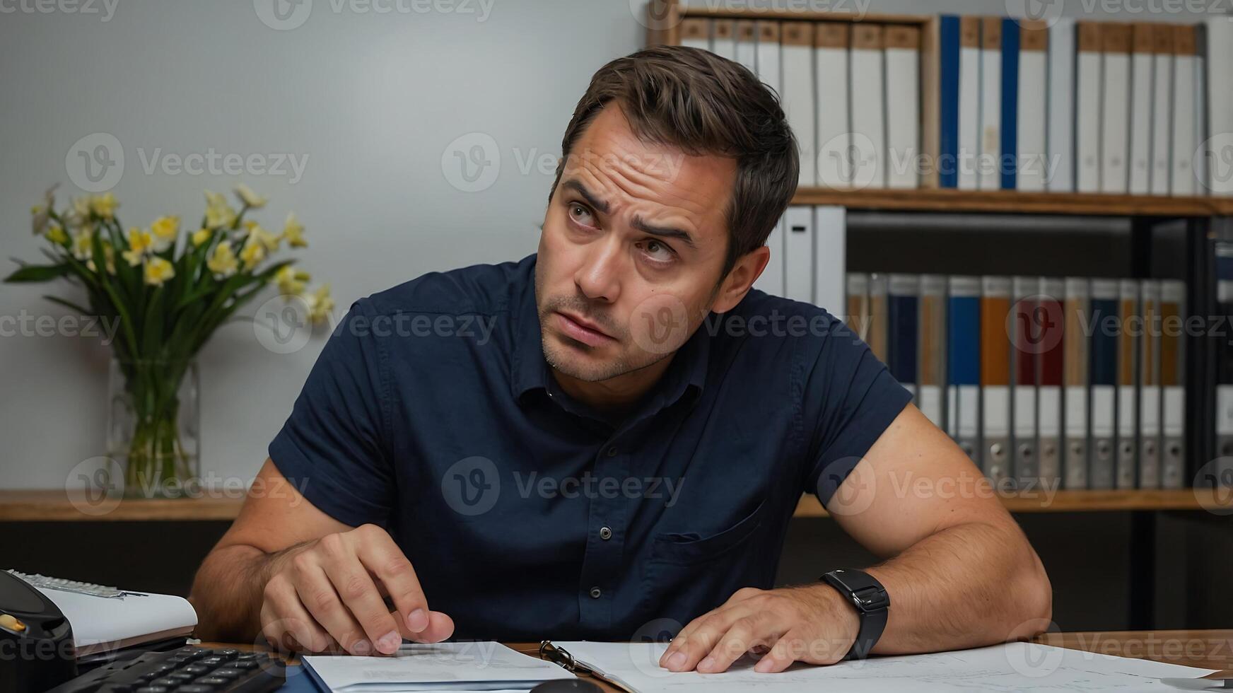 A man is sitting at a desk with paperwork photo