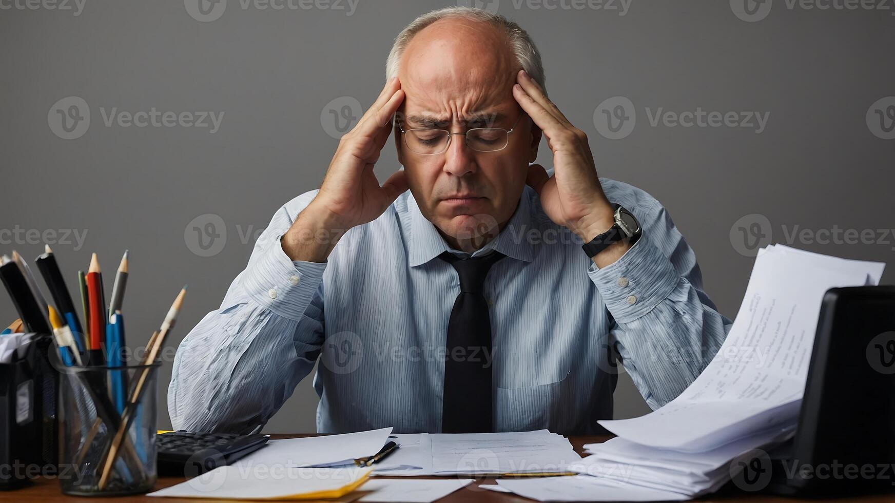 A man is sitting at his desk with his head in his hands photo