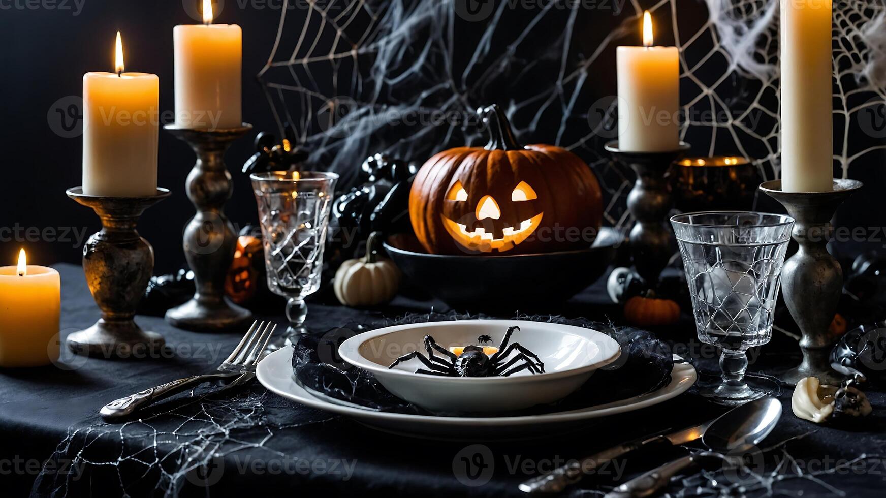 A halloween table setting with candles and spider web photo