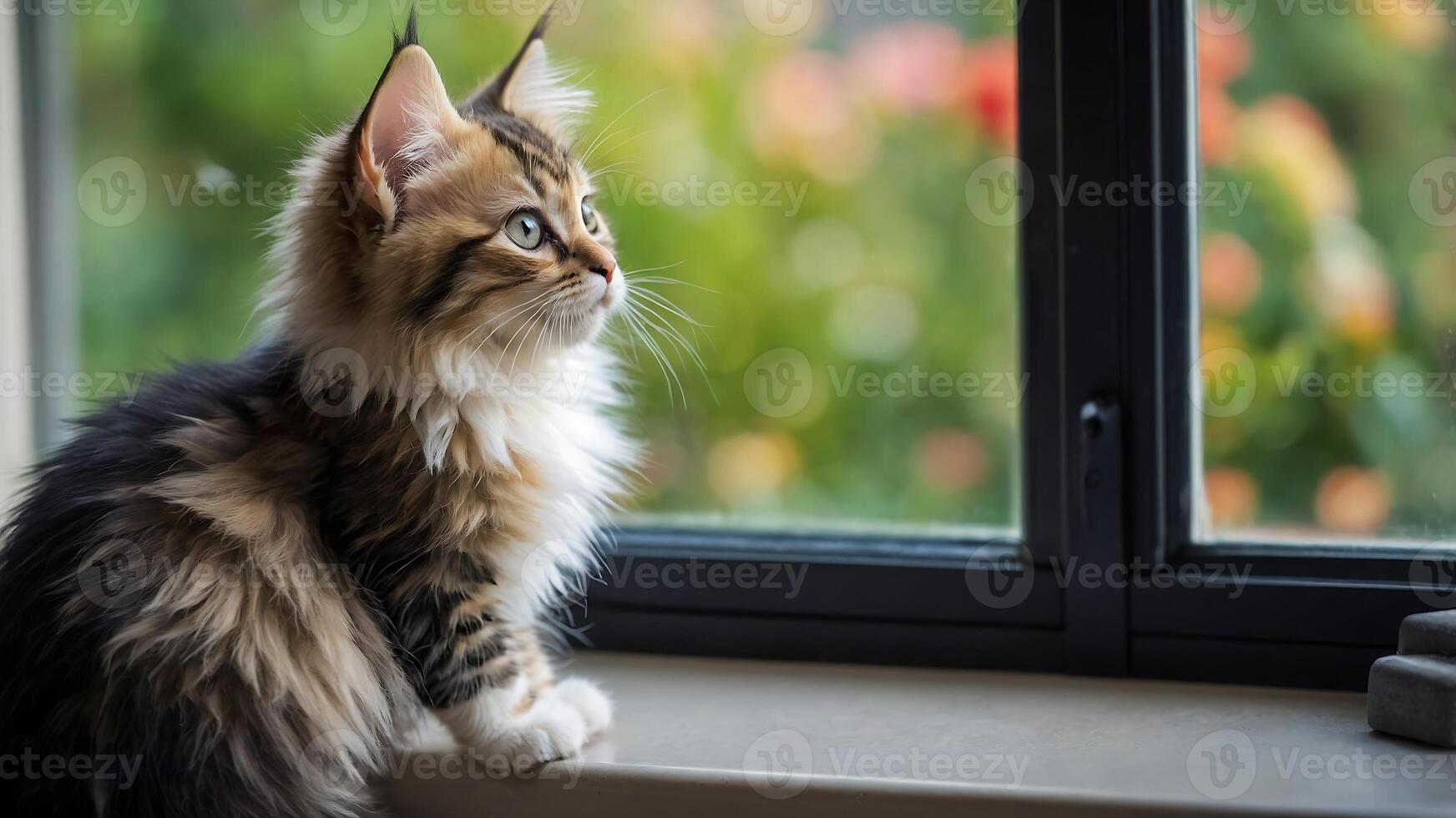 A cat sitting on a window sill looking out photo
