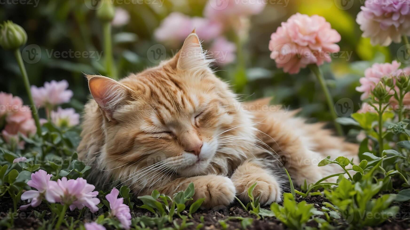 An orange cat is sleeping in the grass with flowers photo