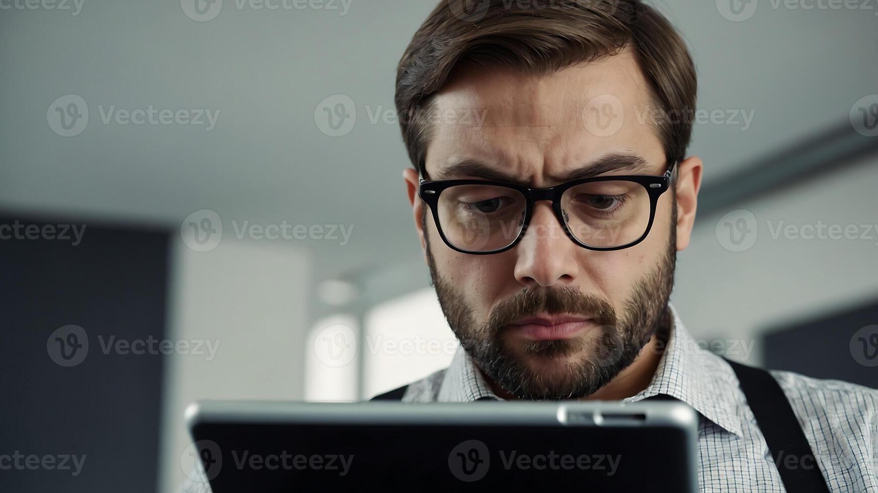 A man in glasses is looking at a tablet photo