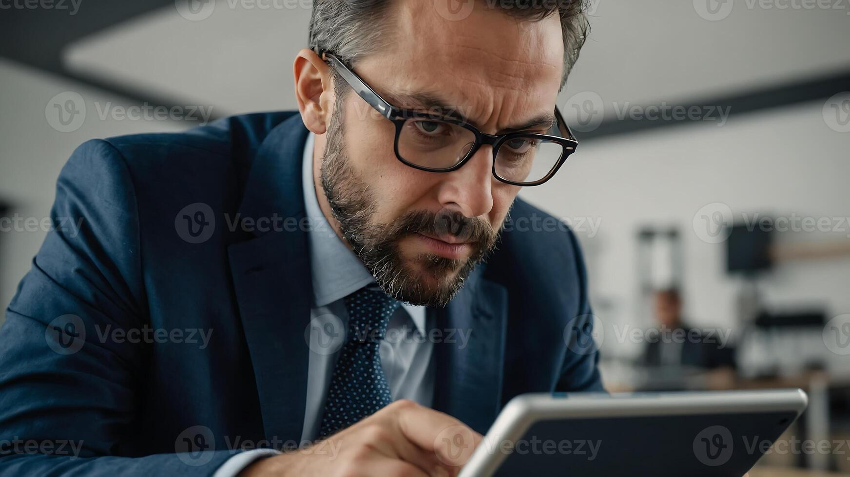 A man in a suit and glasses is looking at a tablet photo