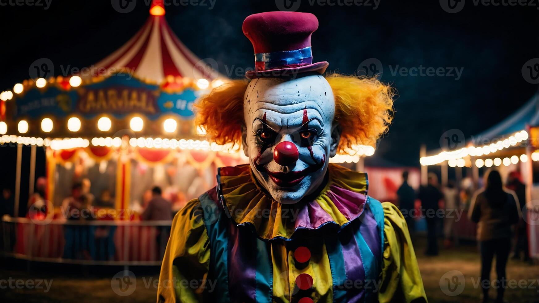 A clown is standing in front of a carnival photo