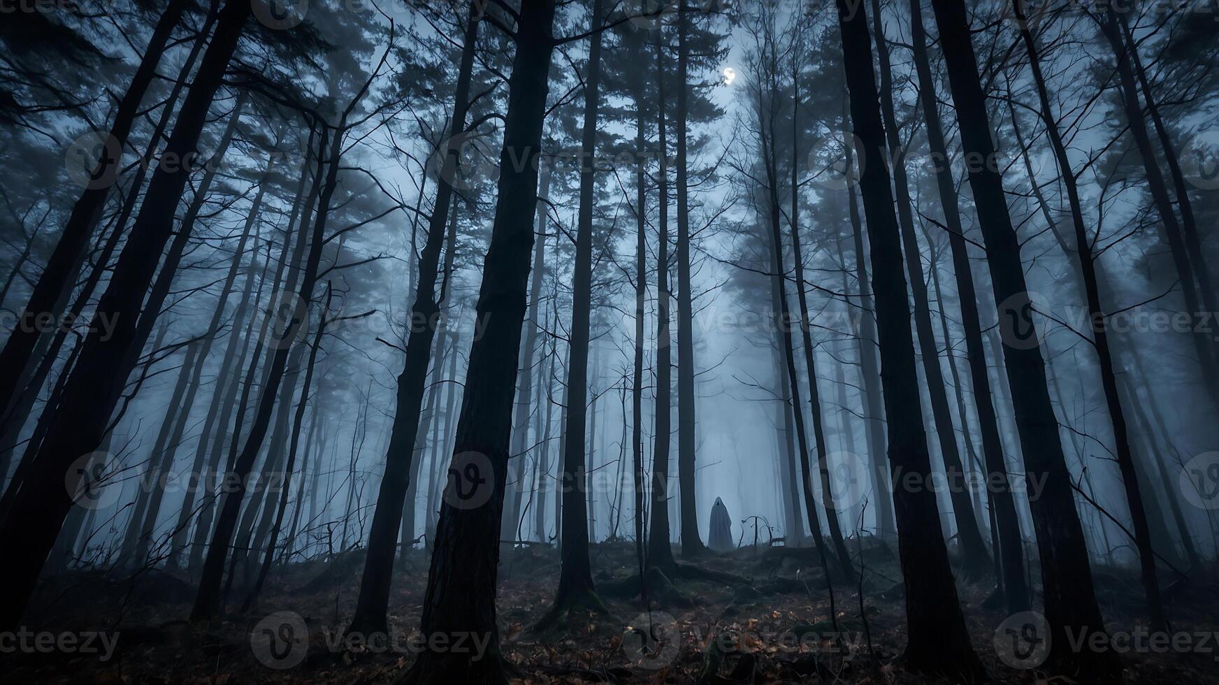 A dark forest with a lone person standing in the middle photo