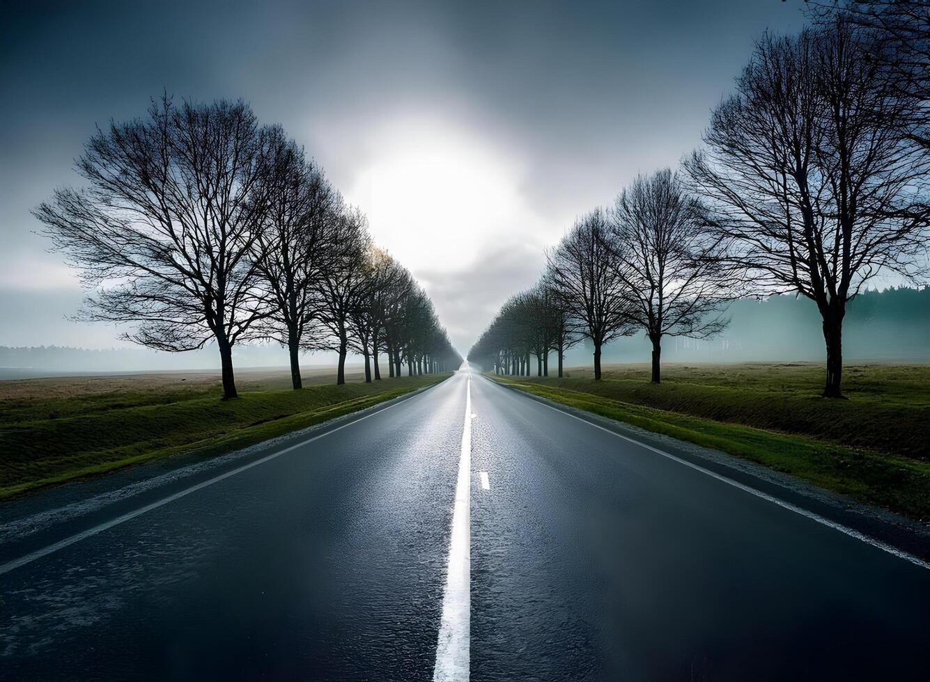 A road with trees on each side, realistic, depressing, middle of nowhere, hyper-realistic, depressing, realistic, ultra realistic photo