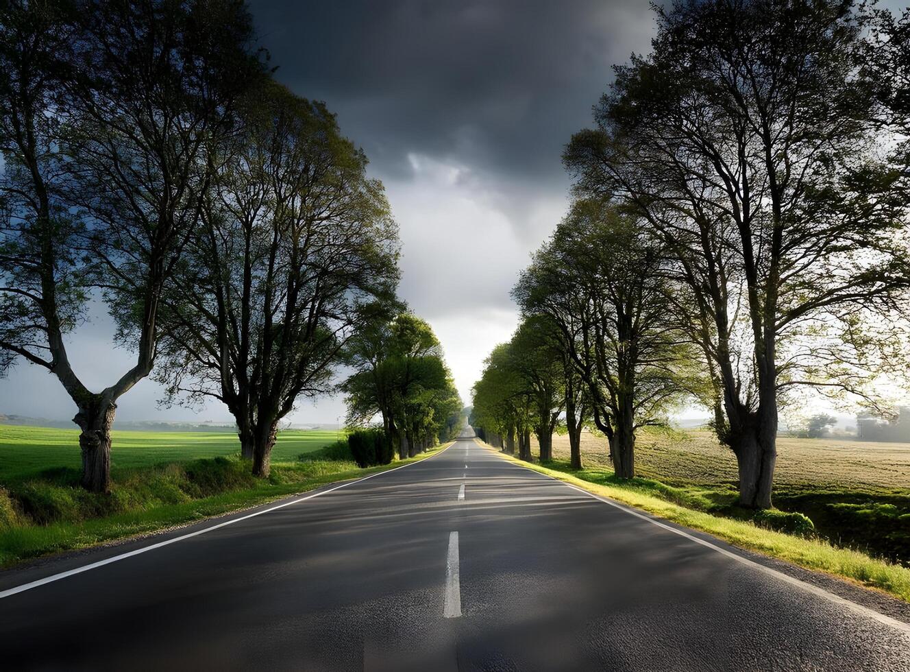 A road with trees on each side, realistic, depressing, middle of nowhere, hyper-realistic, depressing, realistic, ultra realistic photo
