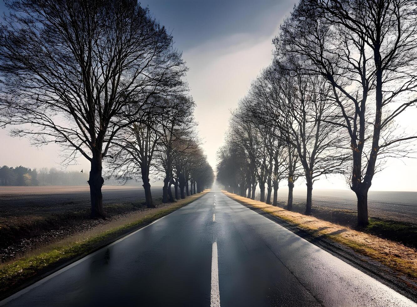 A road with trees on each side, realistic, depressing, middle of nowhere, hyper-realistic, depressing, realistic, ultra realistic photo