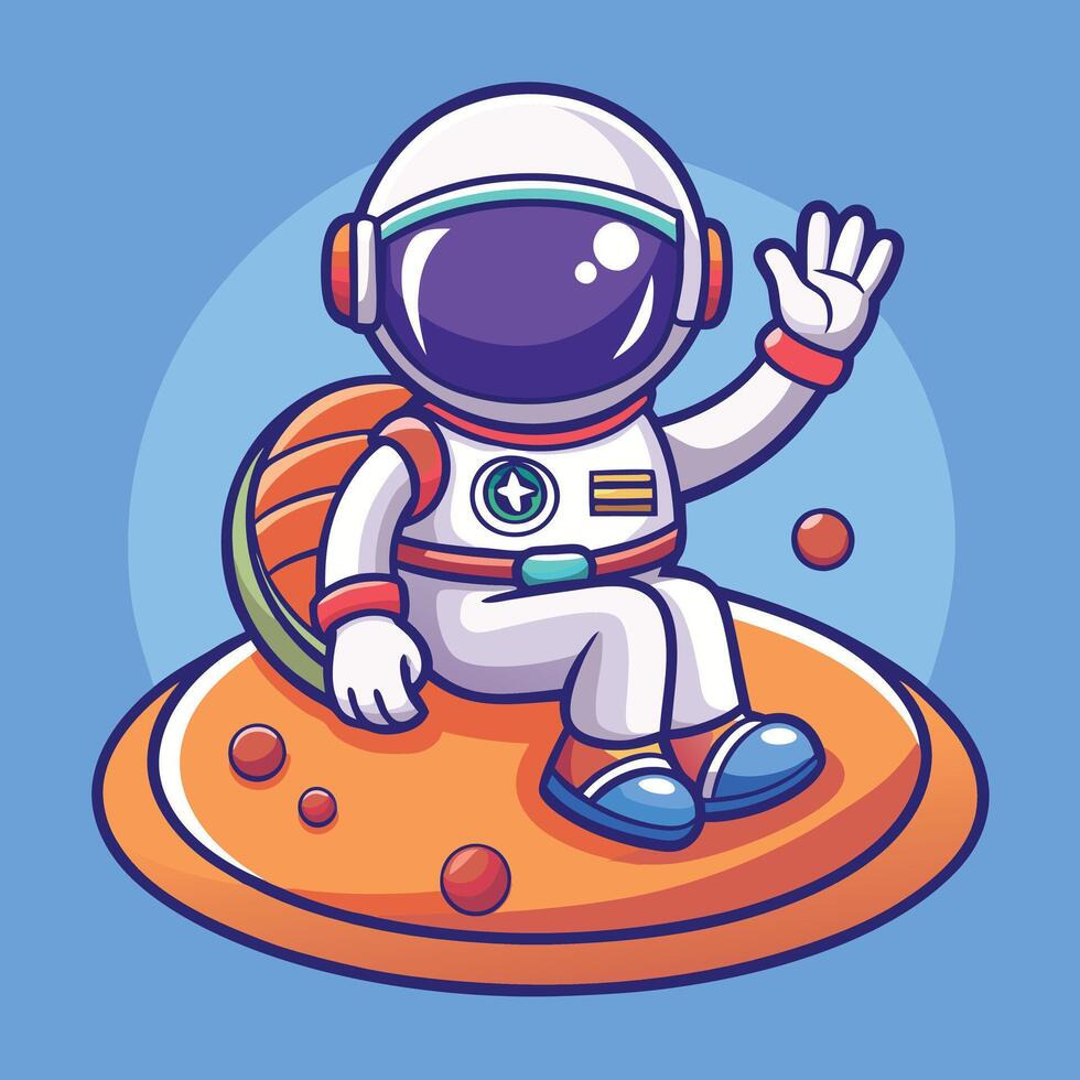 Astronaut Sitting On Planet And Waving Hand Cartoon Icon Illustration. Science Technology Icon Concept Isolated Premium . Flat Cartoon Style vector