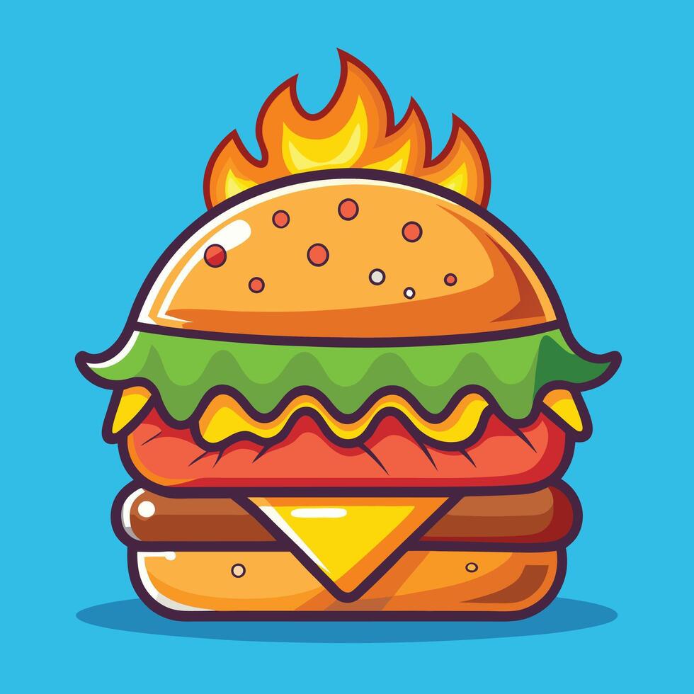 Burger Cheese With Fire Cartoon Icon Illustration. Food Object Icon Concept Isolated Premium vector