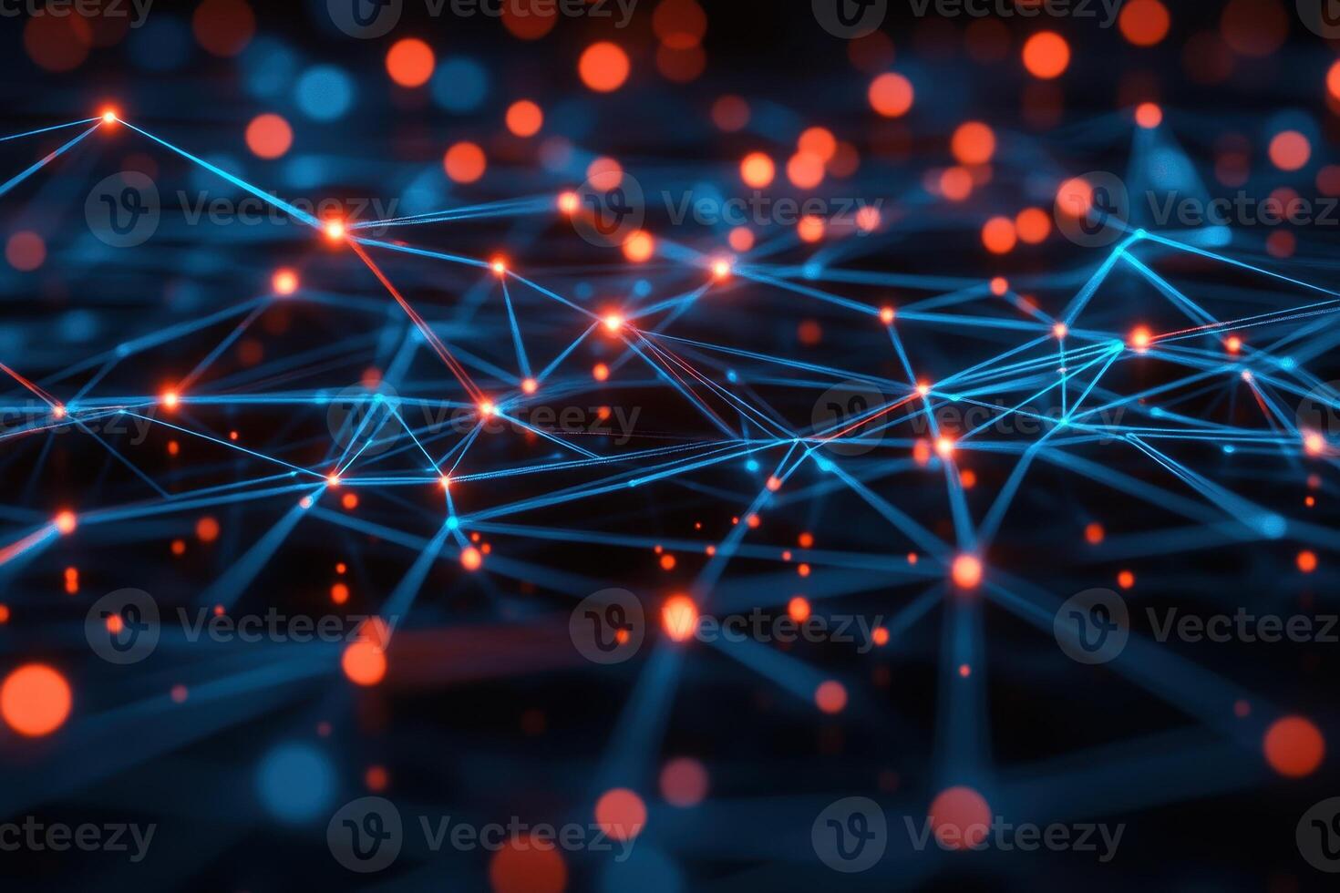 Digital network visualization with glowing blue and red nodes and lines on dark background photo