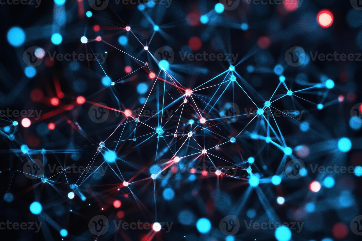 Digital network visualization with glowing blue and red nodes and lines on dark background photo