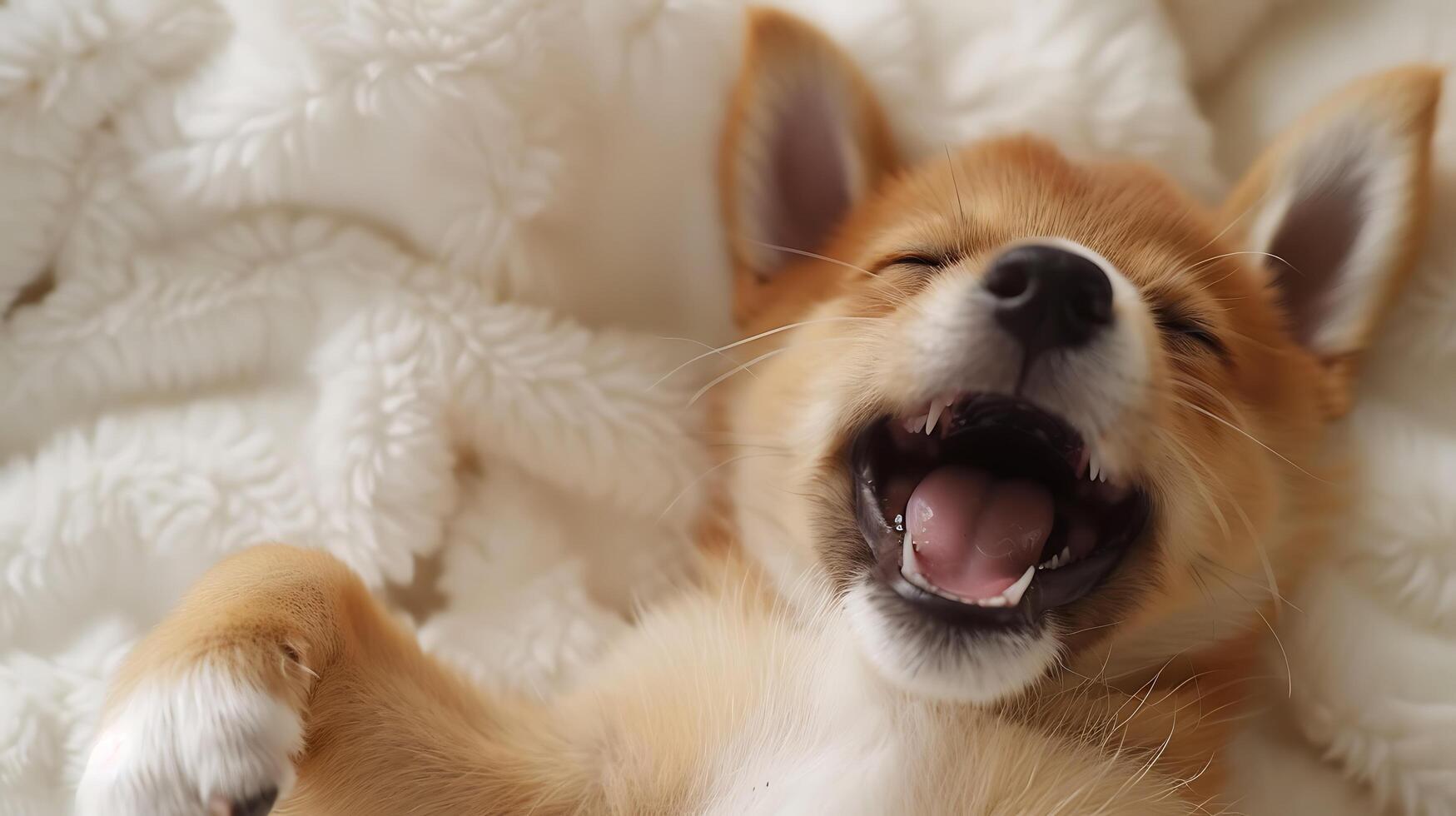Cute welsh corgi dog lying on bed and yawning photo
