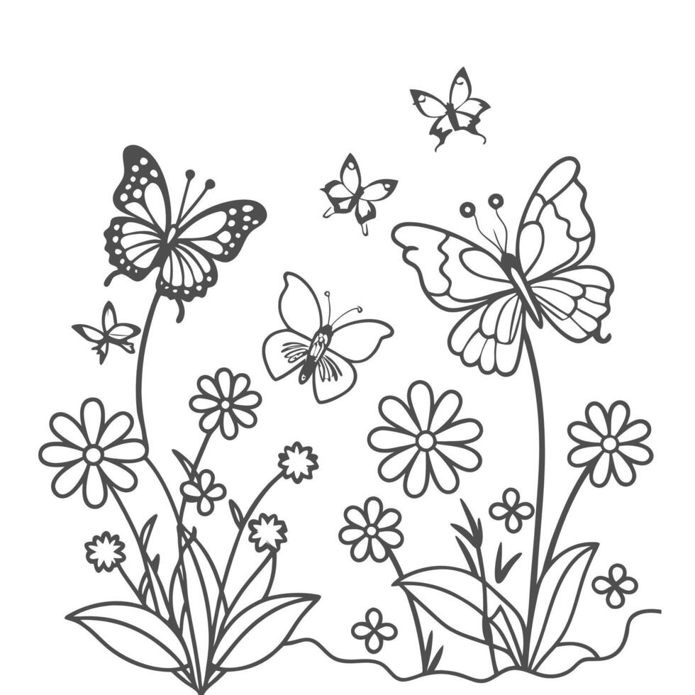 cute outline of butterfly on flowers vector
