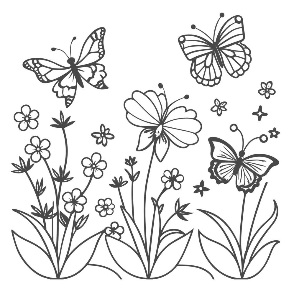 simple outline of butterfly on flowers vector