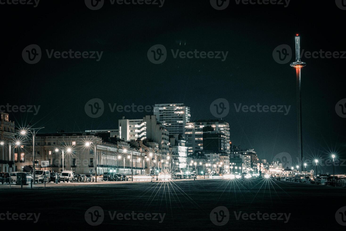Night view of Brighton with random lights and reflections, East Sussex, England photo